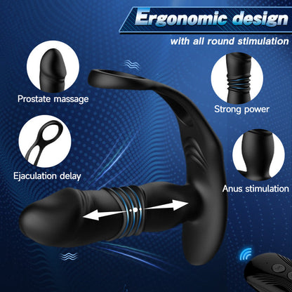 12 Vibrating 3 Thrusting  Dual Cock Rings Prostate Massager