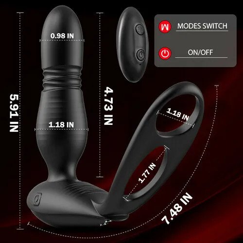 Low Noise 10 Thrusting & Vibrating Double Cock Rings Silicone Prostate Massager